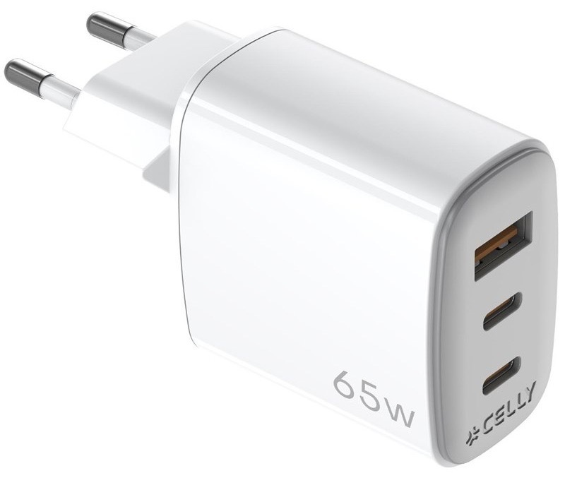 Nabíječka do sítě Celly 2x USB-C/USB-A, GaN, 65 W bílá