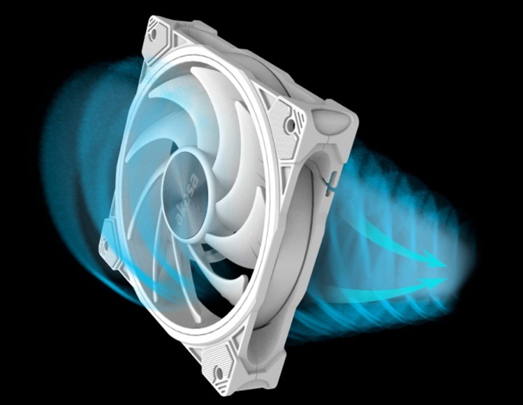 Ventilátor AKASA SOHO AR, 120 mm, ARGB, PWM, 3 ks černý Detail obrázku ventilátoru s prouděním vzduchu.