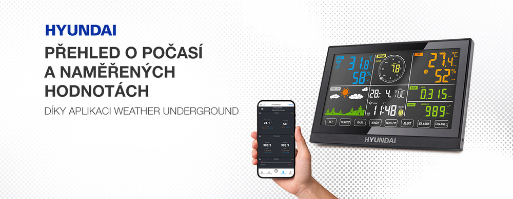 Meteorologická stanice Hyundai WSP 5200 WIFI černá Wi-Fi meteostanice Hyundai HYUWSP5200WIFI s barevným displejem a ukázkou mobilní aplikace. Telefon v ruce zobrazuje naměřené hodnoty teploty, vlhkosti a tlaku synchronizované přes internet