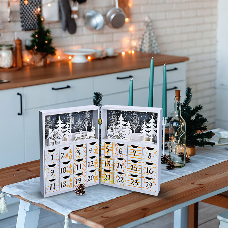 Rozsvícený dřevěný adventní kalendář ve tvaru knihy Solight