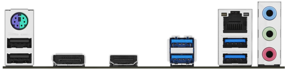 Snímek desky ze strany portů pro externí zařízení - myš, klávesnice, HDMI, USB, audio...