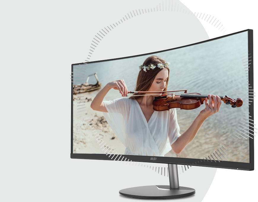Monitor MSI PRO MP341CQ E12 černý Obrazovky MSI PRO MP341CQ E12 se ženou hrající na housle a ilustrací šíření zvuku z vestavěných reproduktorů