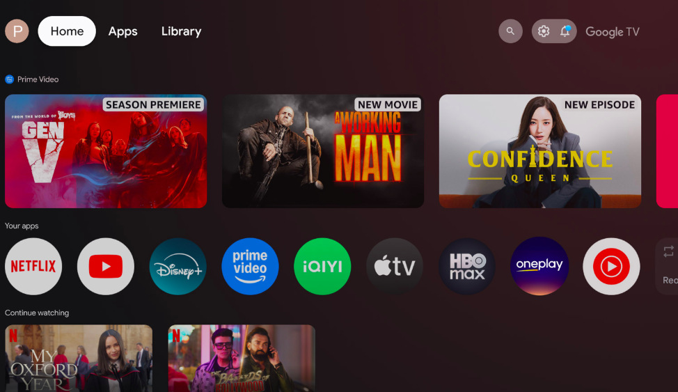 Rozhraní Google TV s nabídkou aplikací a přehledem streamovacích služeb