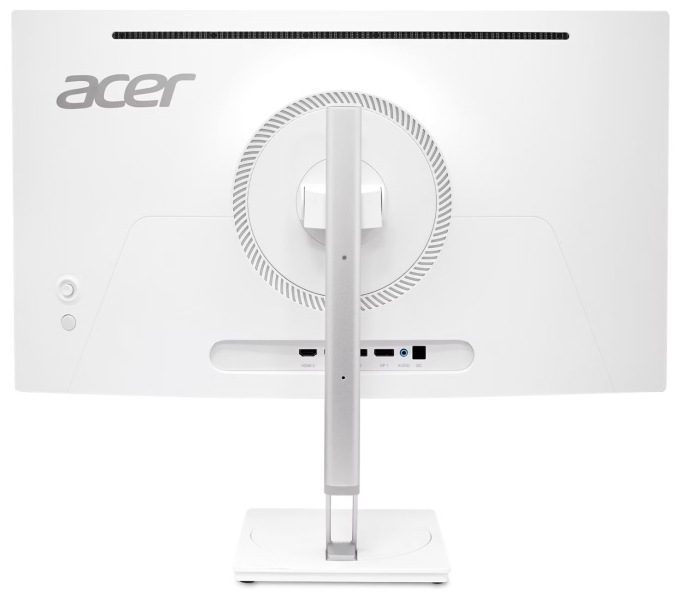 Zadní strana monitoru Acer CE270U X 26,5" s připojovacími porty a bílým stojanem