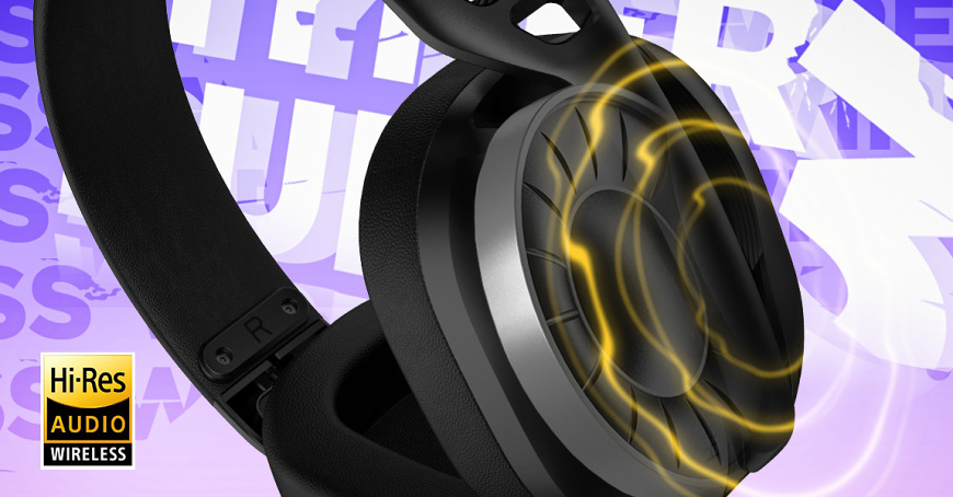 Headset HATOR Hyperpunk 3 bílý Vizualizace zvukových vln v náušníku headsetu HATOR Hyperpunk 3 Wireless s označením Hi-Res Audio