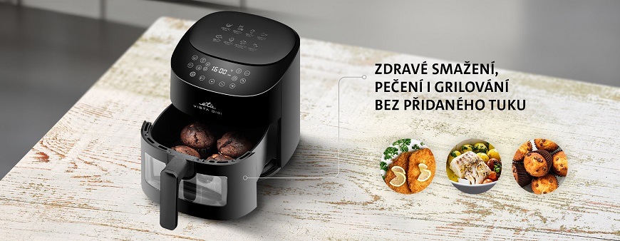 Fritéza horkovzdušná ETA Vista Digi 1168 90000 černá Černá horkovzdušná fritéza ETA Vista Digi na dřevěném stole s vytaženou nádobou, ve které jsou upečené čokoládové muffiny, a s textem o zdravém smažení, pečení a grilování bez přidaného tuku