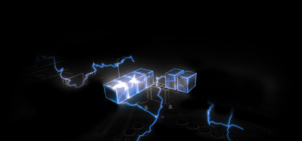 Základní deska ASRock B550M-HDV Digitální artwork zobrazující zářící modré krychle spojené elektrickými liniemi na tmavém pozadí, které vyjadřují hi-tech, futuristickou atmosféru.