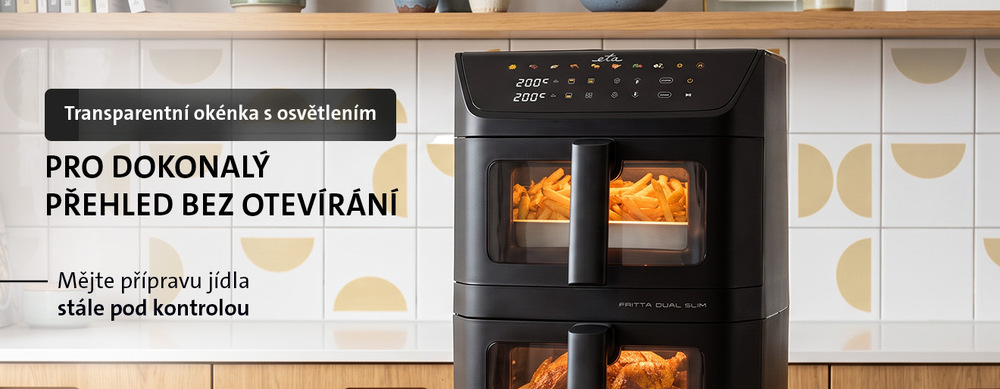 Fritéza horkovzdušná ETA Fritta Dual Slim 4167 90000 černá Horkovzdušná fritéza ETA Fritta Dual Slim s osvětlenými průhlednými okénky pro kontrolu pečení