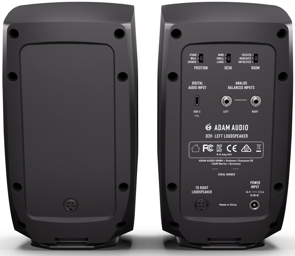 Zadní panel reproduktorů Adam Audio D3V s přepínači Position, Desk a Room.
