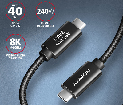 Kabel Axagon NewGEN+ kabel USB-C / USB-C, 1m, PD 240W, 8K HD, pletený černý AXABUCM4XCM10AB