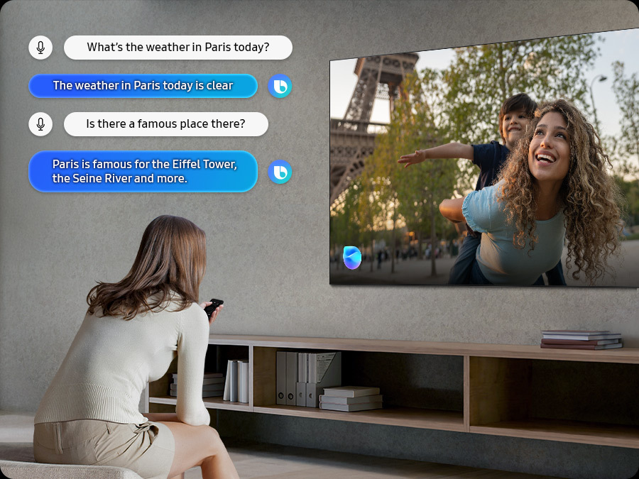Žena používající asistenta Bixby při sledování tv