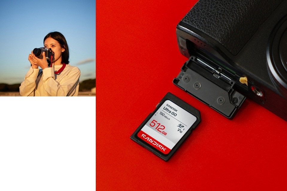Paměťová karta SANDISK SDXC Ultra GO 256GB UHS-I U1 (190R) SD karta SANDISK Ultra GO 512GB před fotoaparátem