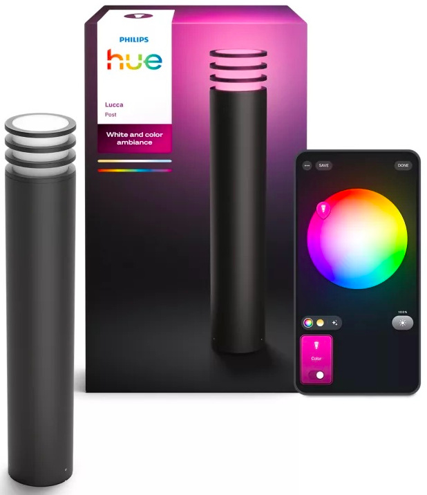Sloupové svítidlo Philips Lucca Hue s obalem a výběrem barvy v mobilní aplikaci