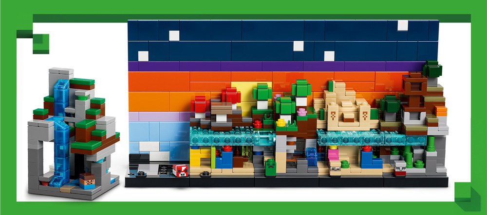 Stavebnice LEGO® Minecraft® 21589 Mini biomy Oboustranné pozadí umožňuje během chvíle změnit denní scénu na noční a upravovat model podle představ.