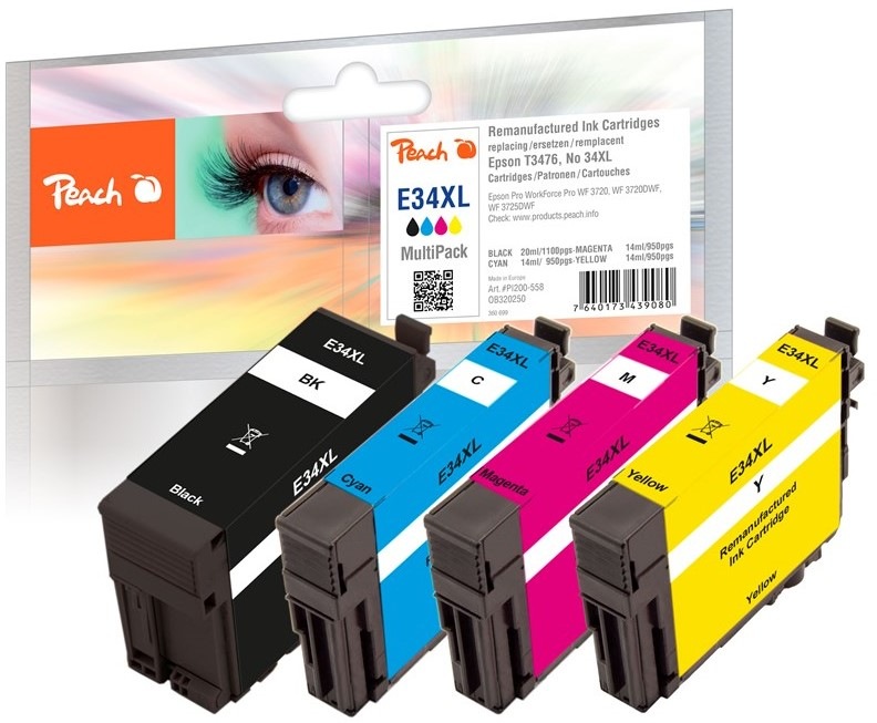 Inkoustová náplň Peach Epson 34XL, T3476, MultiPack, 1100, 3x 1045 stran - CMYK