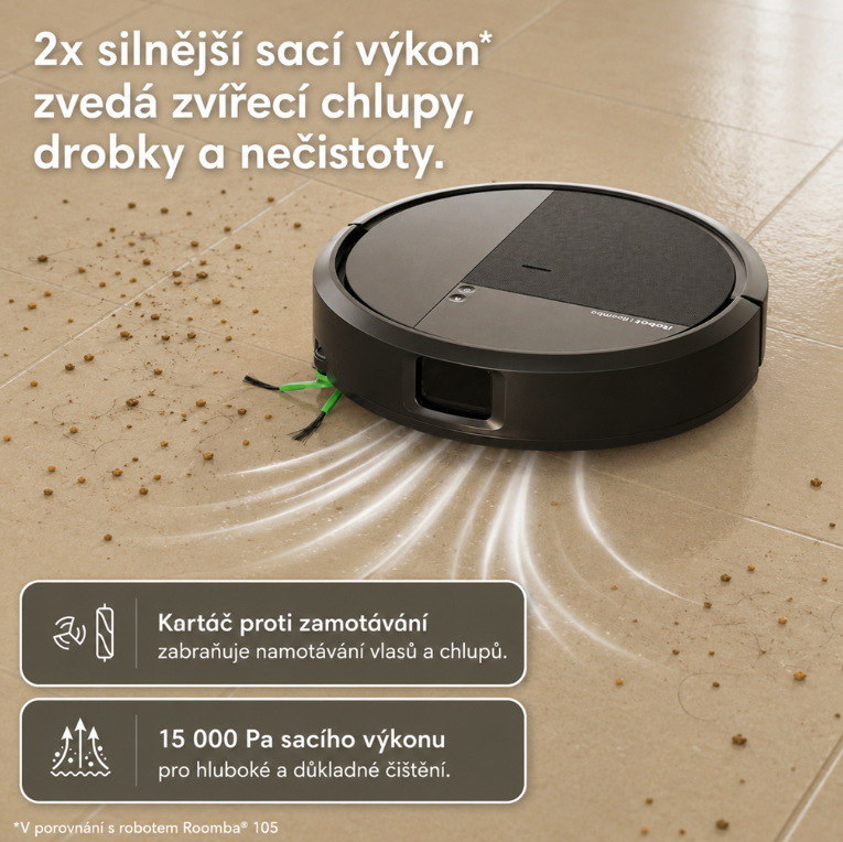 Sací výkon 15 000 Pa a kartáč proti namotávání vlasů vysávají drobky a chlupy