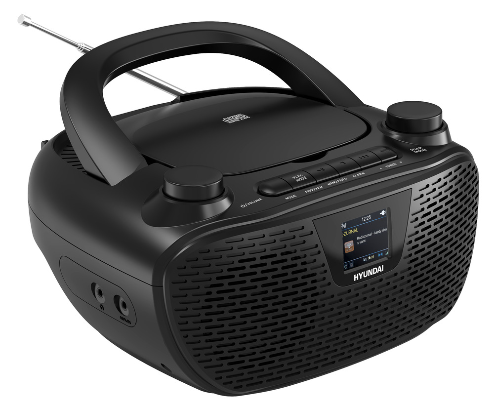 Radiopřijímač s CD Hyundai TRC 544 AU3BB černý řenosné rádio Hyundai v černé barvě s vestavěným CD přehrávačem, barevným displejem, teleskopickou anténou a integrovaným madlem – přímý přední pohled.