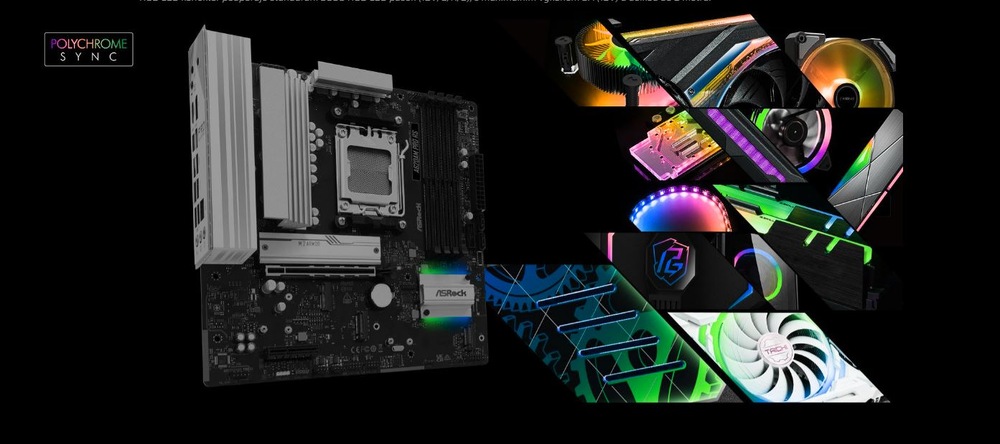 Černá základní deska počítače a komponenty s živými RGB světelnými efekty jsou zobrazeny na tmavém pozadí a zdůrazňují technologické inovace.