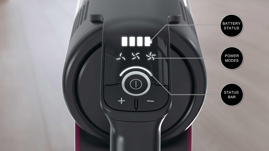 Tyčový vysavač Hoover HF610HX 011 černý ovládací pane Tyčového vysavače Hoover HF610HX 011 s popisy ovládacích prvků