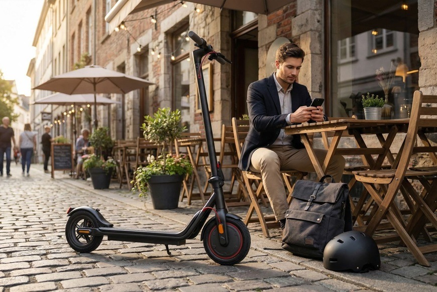 Elektrická koloběžka Sencor SCOOTER S25 černá „Elektrická koloběžka Sencor stojí zaparkovaná u venkovního posezení kavárny v historické části města. Muž sedí u dřevěného stolku, pracuje na telefonu a vedle něj má položenou helmu i batoh.