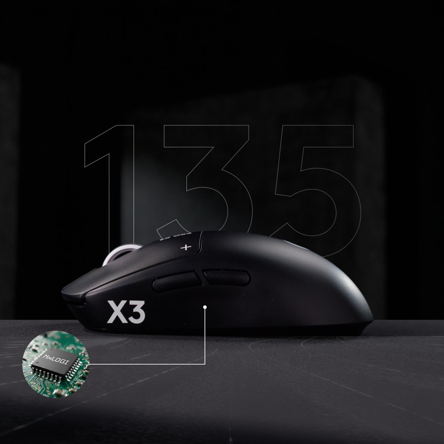 Myš Logitech G PRO X3 SUPERSTRIKE černá Boční profil myši Logitech G PRO X3 Superstrike s grafickým zvýrazněním výdrže baterie a detailním insetem interní součástky