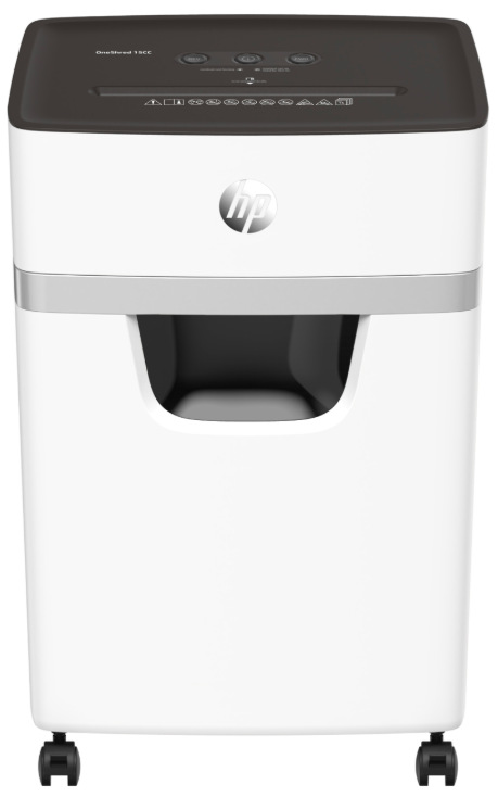 Přední pohled na skartovač HP OneShred 15CC s výřezem pro vysouvací koš