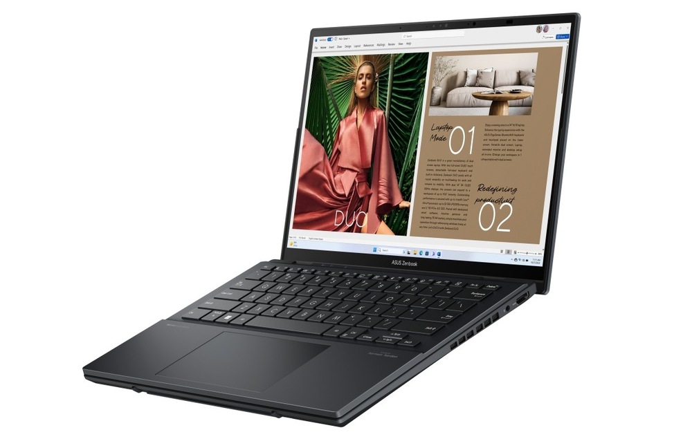 Otevřený a zapnutý notebook Asus Zenbook Duo