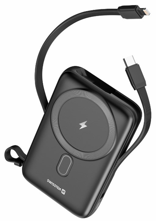 Powerbanka Swissten 10000 mAh, PD 20W s integrovanými kabely USB-C a Lightning (kompatibilní s MagSafe) černá