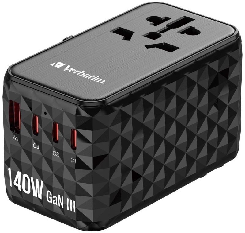 Cestovní adaptér Verbatim UTA-10 GaN III, 140W, 3x USB-C, 1xUSB - černý