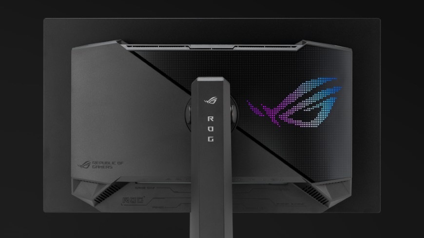 Herní monitor Asus ROG Strix OLED XG27ACDNG černý Futuristická záda monitoru Asus ROG Strix OLED XG27ACDNG inspirovaná kyberpunkem