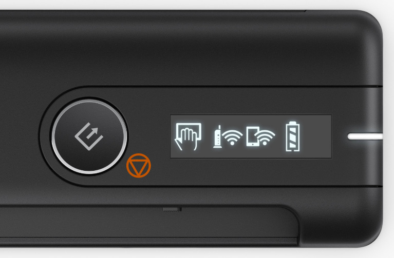 Detail ovládacího panelu a ikon skeneru Epson WorkForce ES-60W s Wi-Fi