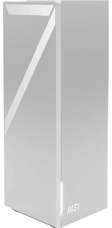 Na obrázku je bílý přístupový bod MSI Roamii BE Lite s vysokým, úzkým a hranatým tvarem. Má čistý minimalistický design, hladké bočnice a přední stranu ozvláštněnou jemným šikmým pruhem. Ve spodní části je malé logo MSI. Zařízení působí elegantně, nenápadně a hodí se do moderní domácnosti nebo kanceláře.