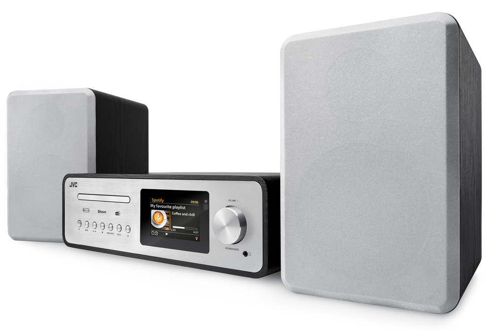 Stříbrný mikrosystém JVC MX-E455 s CD přehrávačem, funkcí Spotify Connect, barevným LCD displejem a dvěma dřevěnými reproduktory