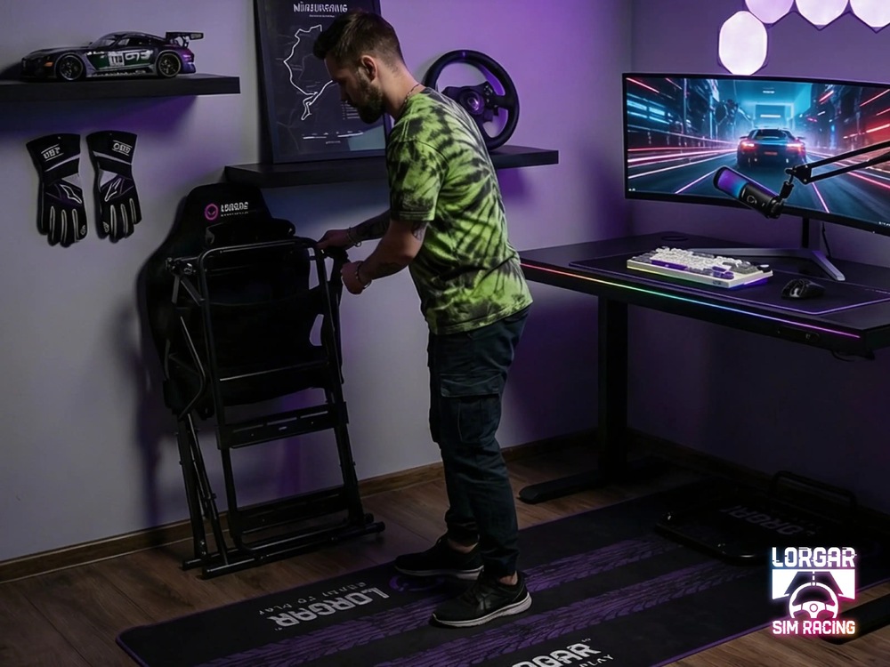 Muž sestavuje kokpit závodního simulátoru vedle monitoru, na kterém běží noční závod; je obklopen herním vybavením a fialovým ambientním osvětlením.