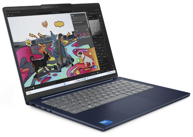 Notebook Lenovo IdeaPad Slim 5 14AKP10 modrý Notebook Lenovo IdeaPad Slim 5 14AKP10 otevřený s grafickým editorem na displeji