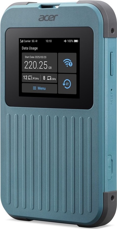 Router Acer Connect M4 5G wifi hotspot router + 20GB Data Modrozelený mobilní hotspot Acer Connect M4 z předního bočního pohledu. Na displeji je stav 5G připojení, využitá data, baterie a Wi-Fi ikony. Na pravém boku jsou vidět boční krytky, otvor Reset a šedé ochranné hrany.