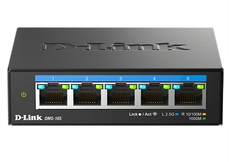 Switch D-Link DMS-105/E 5-port 2.5G Multi-Gigabit, černá barva.