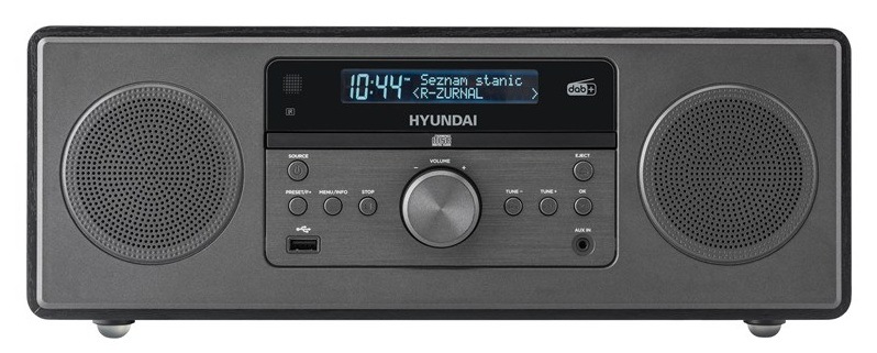 Přední panel audio systému Hyundai MSD505DAB s ovládacími tlačítky, otočným voličem hlasitosti, USB vstupem a LCD displejem