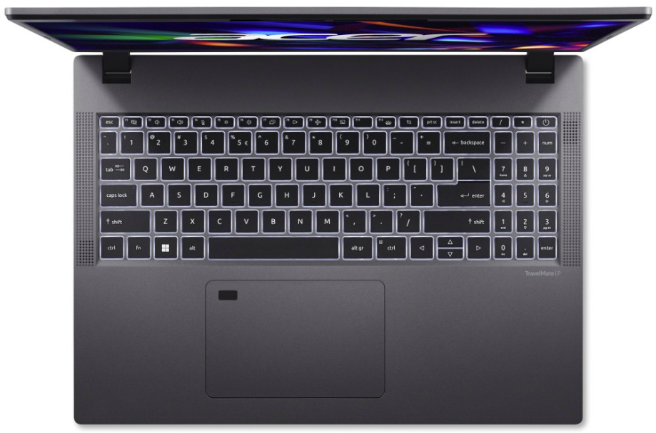 Detail notebooku Acer TravelMate P2 16 s podsvícenou klávesnicí, numerickou částí a touchpadem