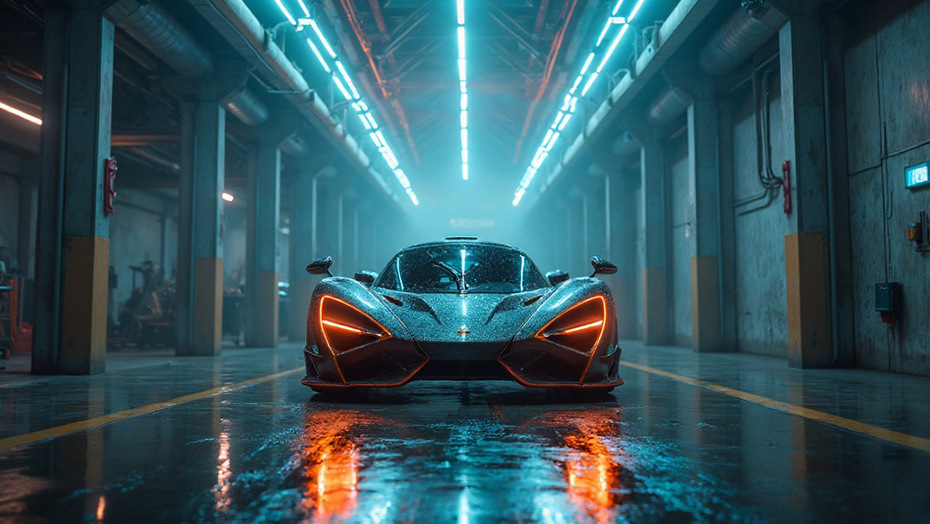 Herní monitor GIGABYTE M27UP černý Sportovní auto v garáži se zapnutými červenými světly