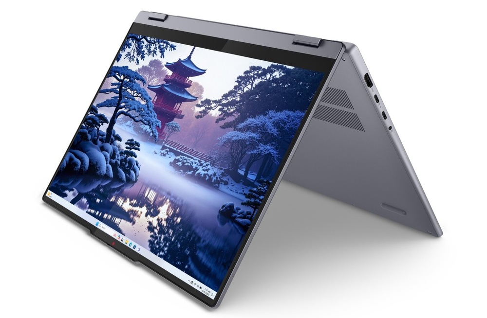 Notebook Lenovo IdeaPad 5 2 in 1 16IAL10 šedý Zapnutý notebook Lenovo IdeaPad 5 2 in 1 16IAL10 v pozici stanu