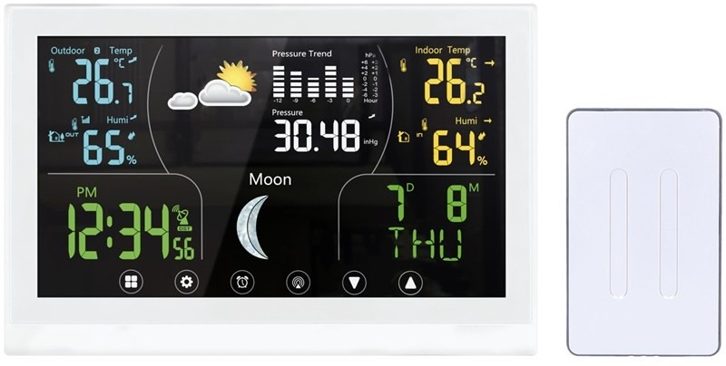 Meteostanice Solight TE110 zobrazuje teplotu, atmosférický tlak, předpověď počasí, fáze Měsíce, datum, kalendář