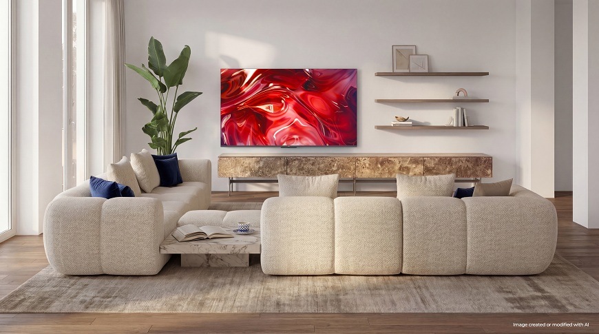 Televize Haier H65S85GUX v obýváku s obrazem červené struktury
