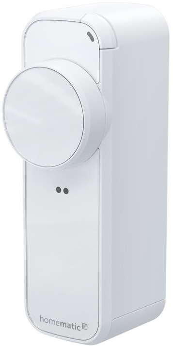 Chytrý pohon dveřního zámku Homematic IP PRO v bílé barvě z profilu.