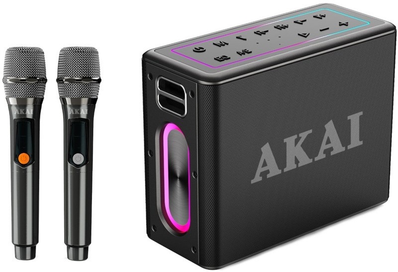 Karaoke reproduktor Akai s RGB podsvícením a dvěma bezdrátovými mikrofony.