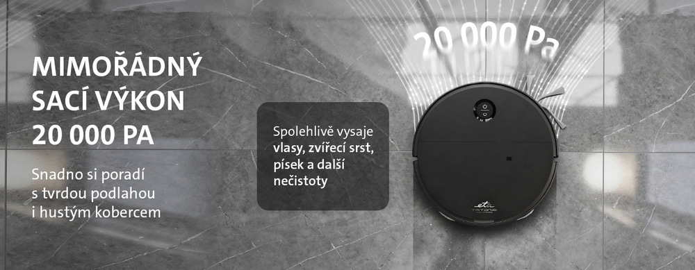 Robotický vysavač ETA Triton AI Aqua Pro 8993 90000 černý Robotický vysavač ETA Triton AI Aqua Pro s mimořádným sacím výkonem 20 000 Pa pro úklid tvrdých podlah i koberců od vlasů, zvířecí srsti a písku