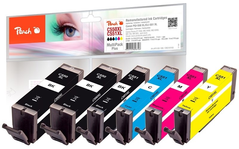 Inkoustová náplň Peach Canon PGI-550XL/CLI-551XL, MultiPack Plus, 2x22, 4x11 ml - CMYK