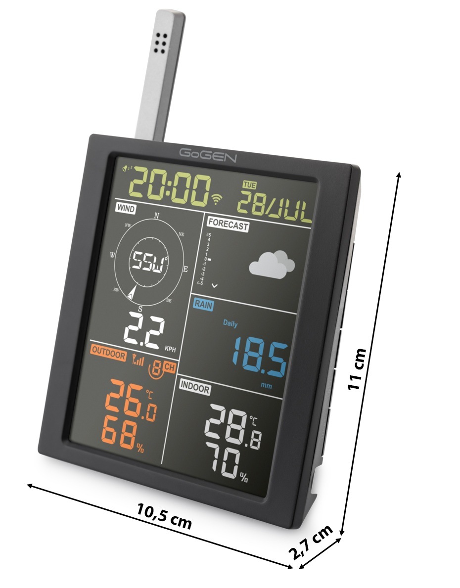 Meteorologická stanice GoGEN ME 3700 černá Hlavní jednotka meteostanice GoGEN ME 3900 s uvedenými rozměry