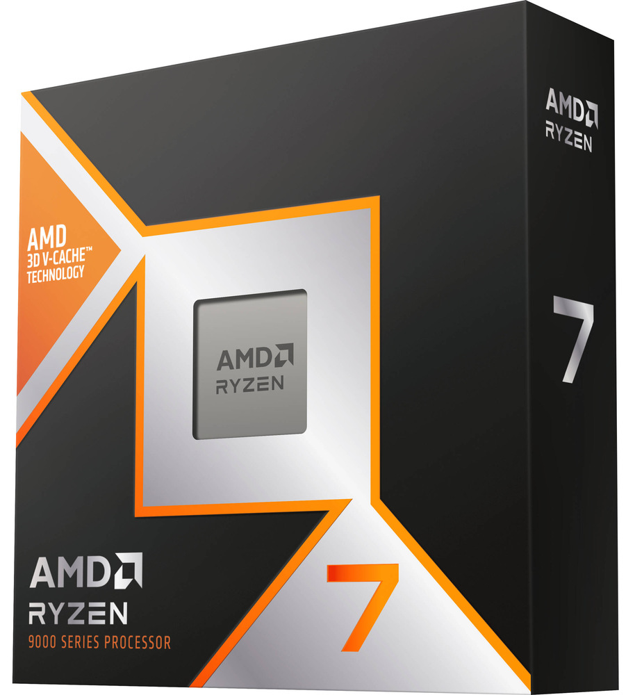 Procesor AMD Ryzen 7 9850X3D Detailní pohled na maloobchodní balení procesoru s výraznou grafikou řady Ryzen 7 a zvýrazněním technologie AMD 3D V-Cache