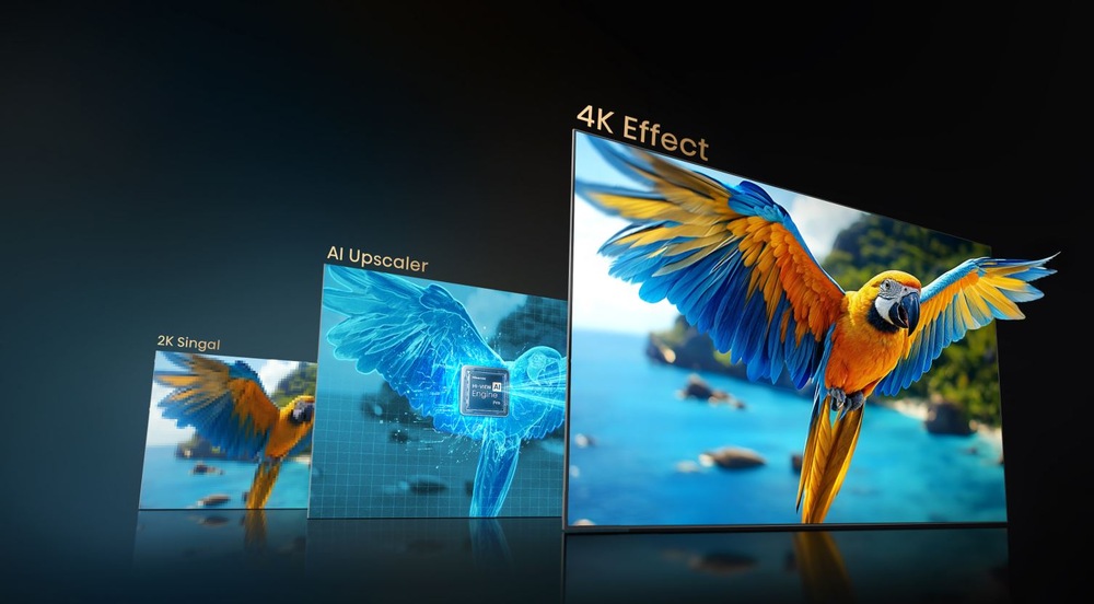 tri obrazovky televize Hisense, je vidět vylepšení obrazu až na 4K efekt. Na obrazovce je letící papoušek.